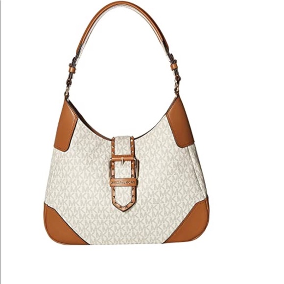 MICHAEL Michael Kors Handbags - MICHAEL KORS LILLIAN WHITE TAN LOGO SHOULDER BAG
